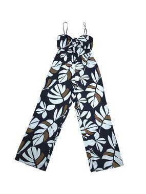 Audrey Parks Women’s Black White Leaf Print Jumpsuit Size S Linen Rayon Wide Leg